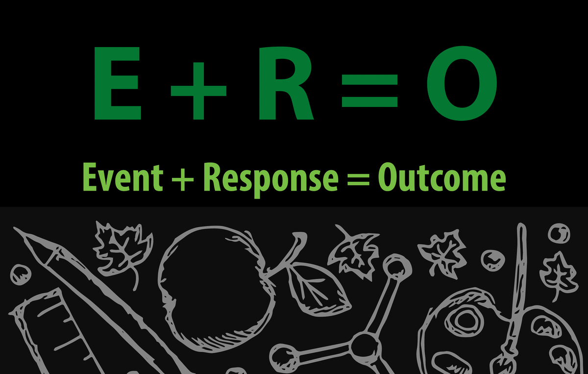 black graphic with cartoon apple, leaves, pencils that says "event + response = outcome"